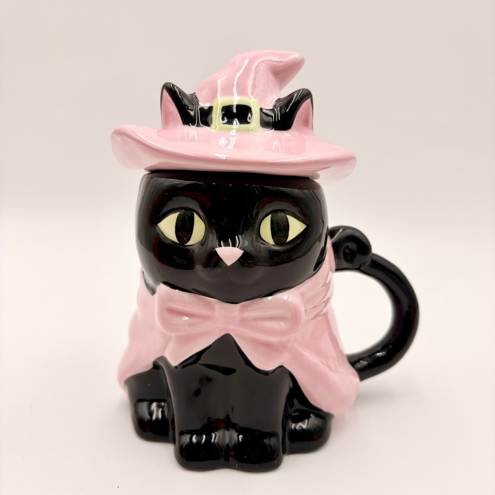 Halloween Black Cat Pink Witch Hat Ceramic Mug with Lid Pastel Goth Decor